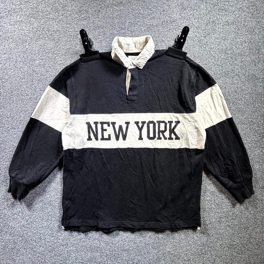 American Eagle Polo Shirt Mens Medium Black New York Rugby Long Sleeve